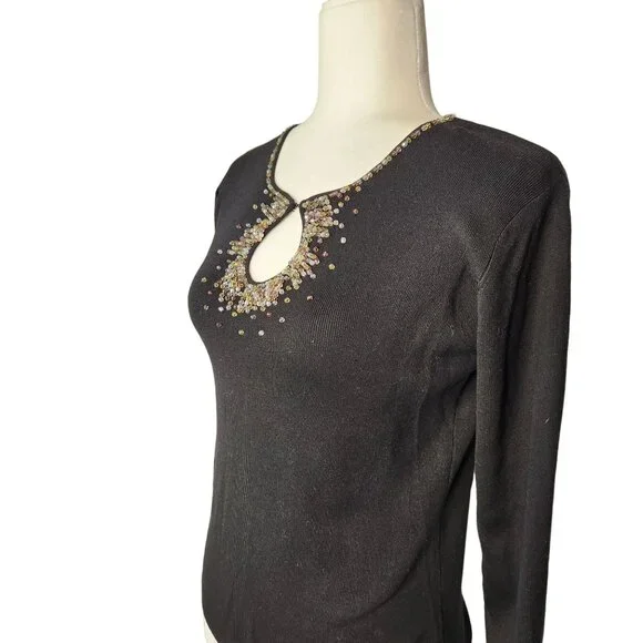 Vtg 90s Medium Sweater Black Sequin Silk Blend Keyhole Glam Sexy NOS Joseph A - Picture 5 of 7